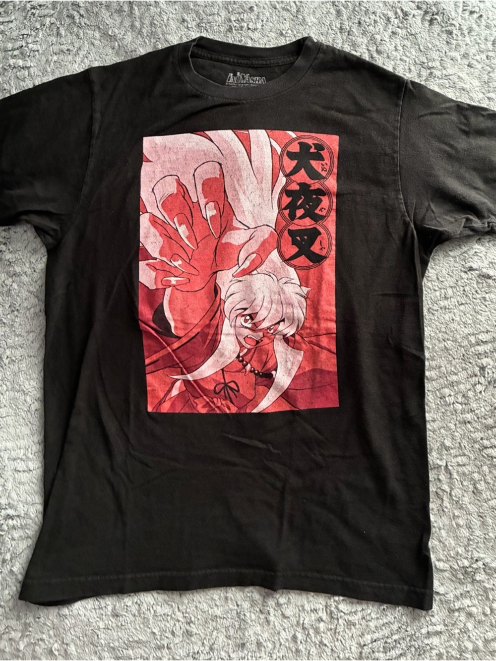 Black Graphic Short Sleeve Tee with Red Anime Panel